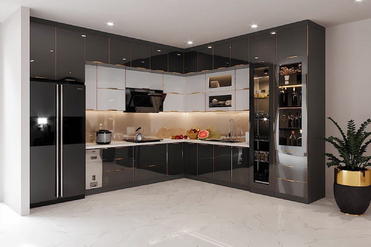 Mẫu tủ bếp cánh kính phù hợp với không gian thiết kế sang trọng và đẳng cấp