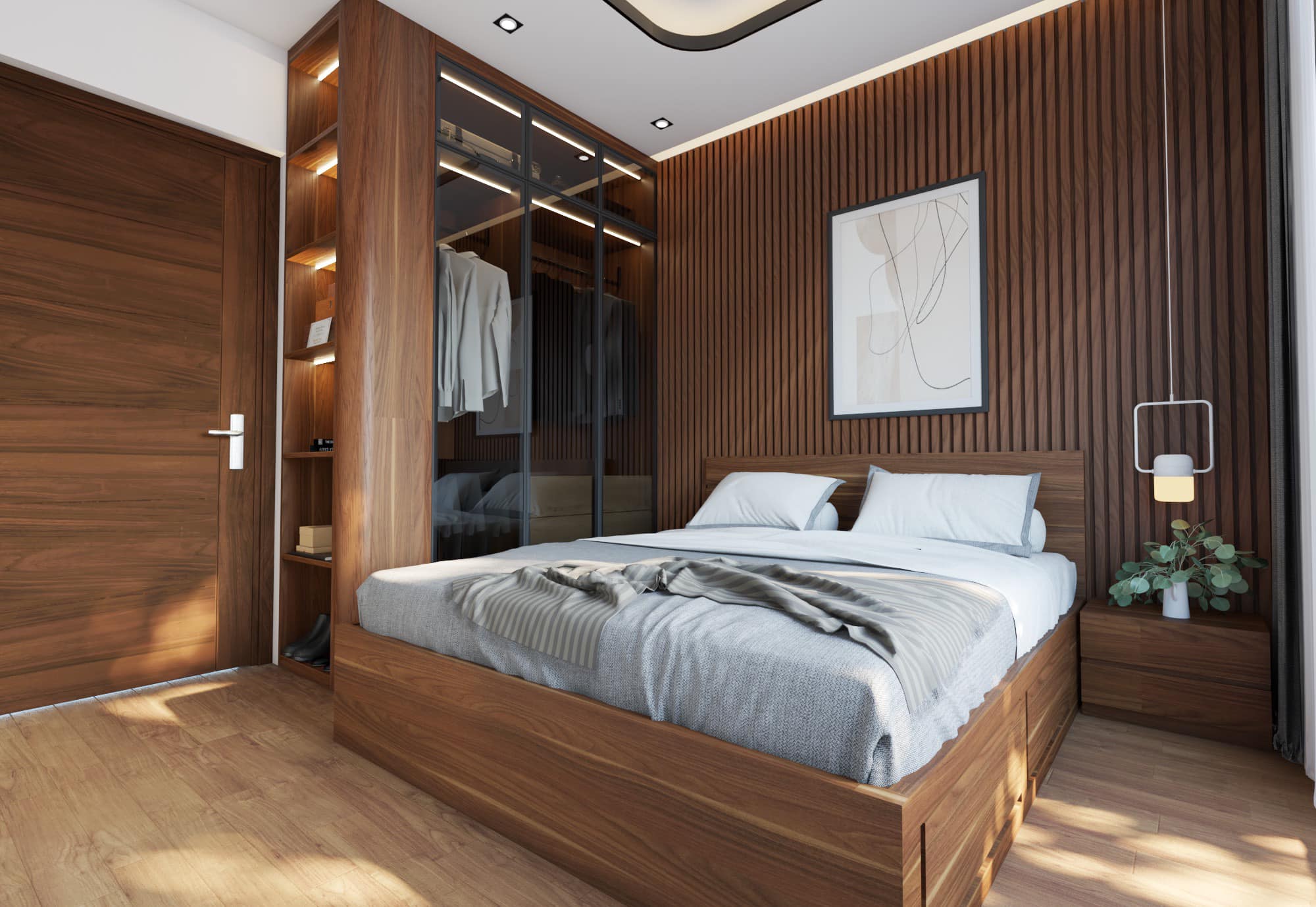 Mẫu thiết kế phòng ngủ tông màu gỗ tạo cảm giác gần gũi và trầm ấm